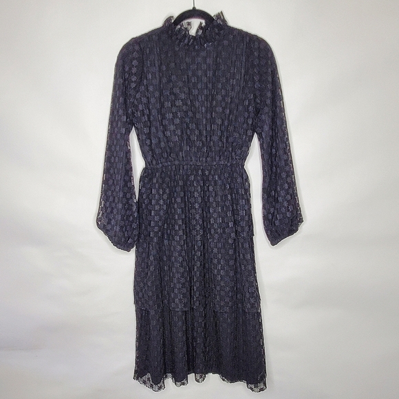Black Lace Tiered Midi Dress Size L Ruffled High Neck Dark Romantic Whimsigoth - Picture 4 of 16
